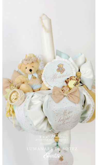 Lumanare de botez pentru baieti cu ursuleti si stelute aurii, 65x4cm, Tiny Teddy Bear 4